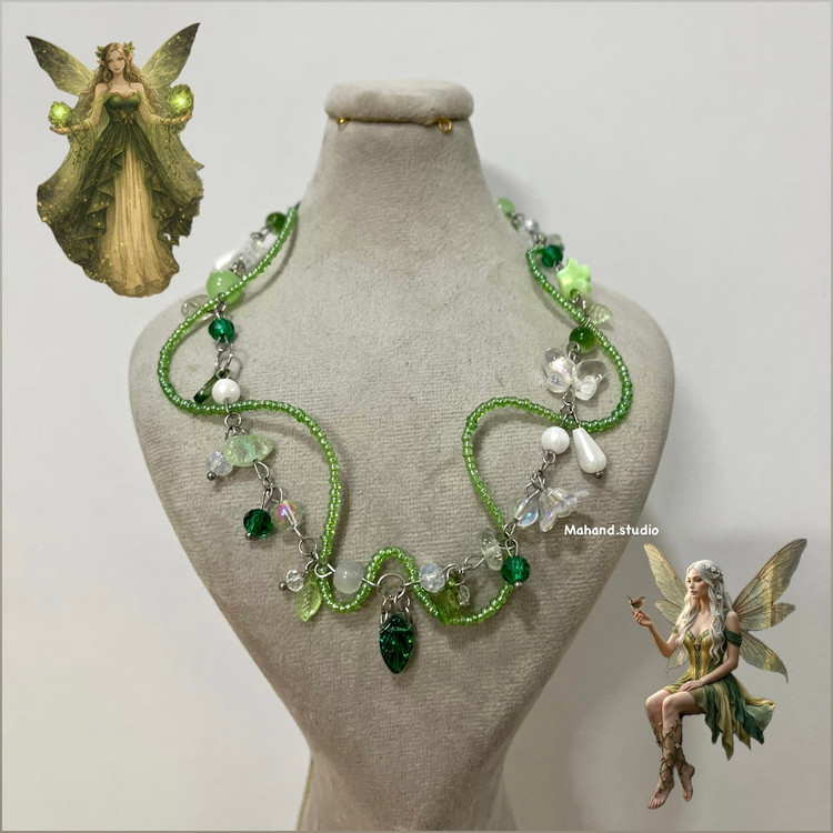 گردنبند دستساز جواهری پری جنگل سبز ( Green fairy 🧚🏻)